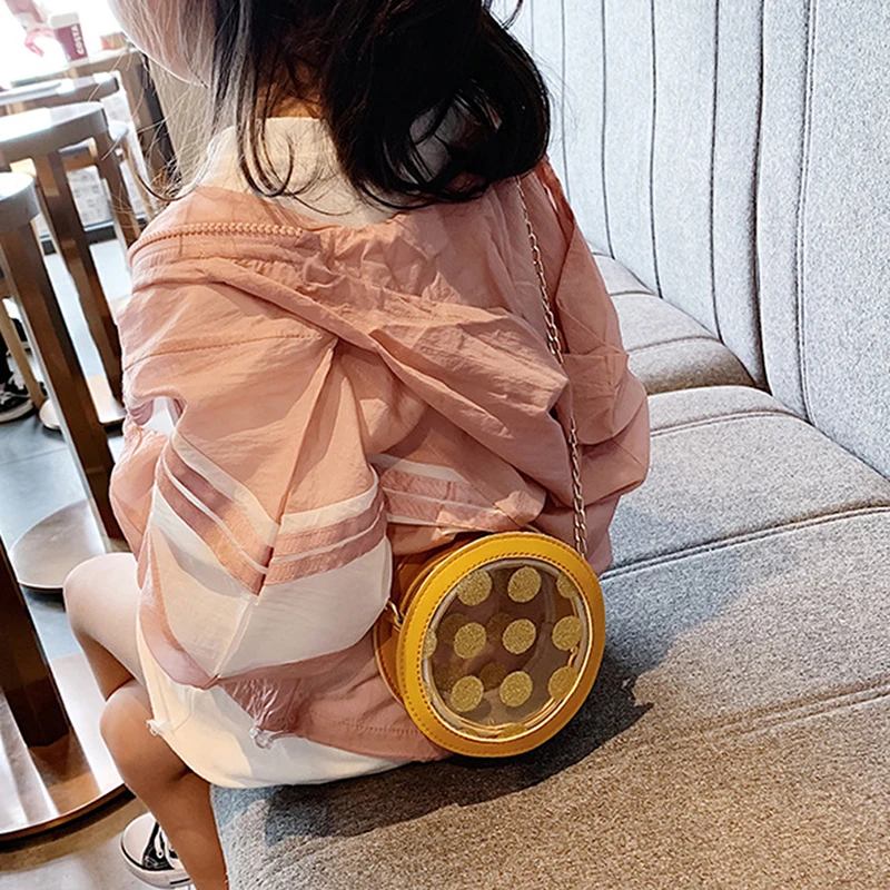 

Fashion Children's Shoulder Bag Chains Crossbody Bag Cute Candy Color Cartoon Printing Round Circular Messenger Bag Girl Handbag