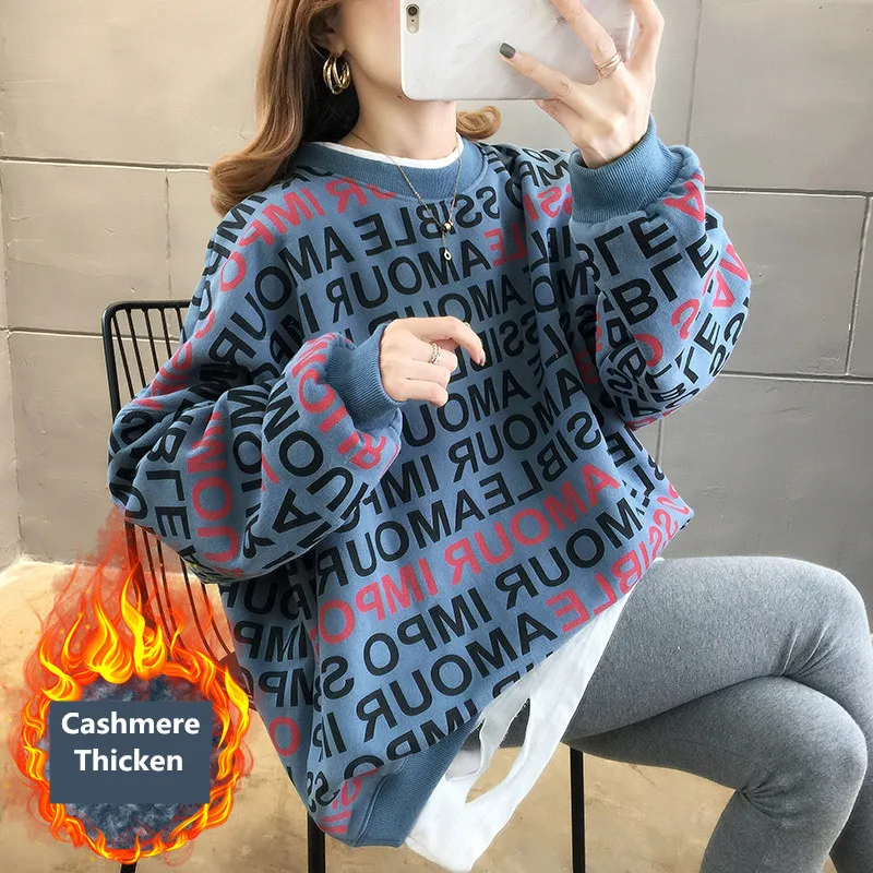 

Women Sweatshirt Hoodies Autumn Long Sleeve Letter Pullover Hoodie Winter Casual Warm Velvet Thickening Loose Hooded Tops