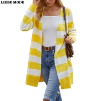 womens elegant striped v neck long cardigan sweater spring fall fashion color block oversized knitted sweaters female knit coat