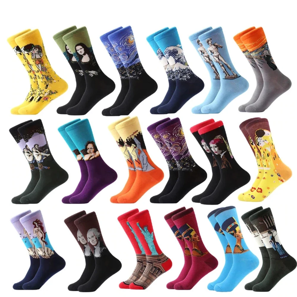 

Luvself 1Pair Combed Cotton Colorful Van Gogh Retro Oil Painting Men Socks Cool Casual Dress Funny Party Dress Crew Socks