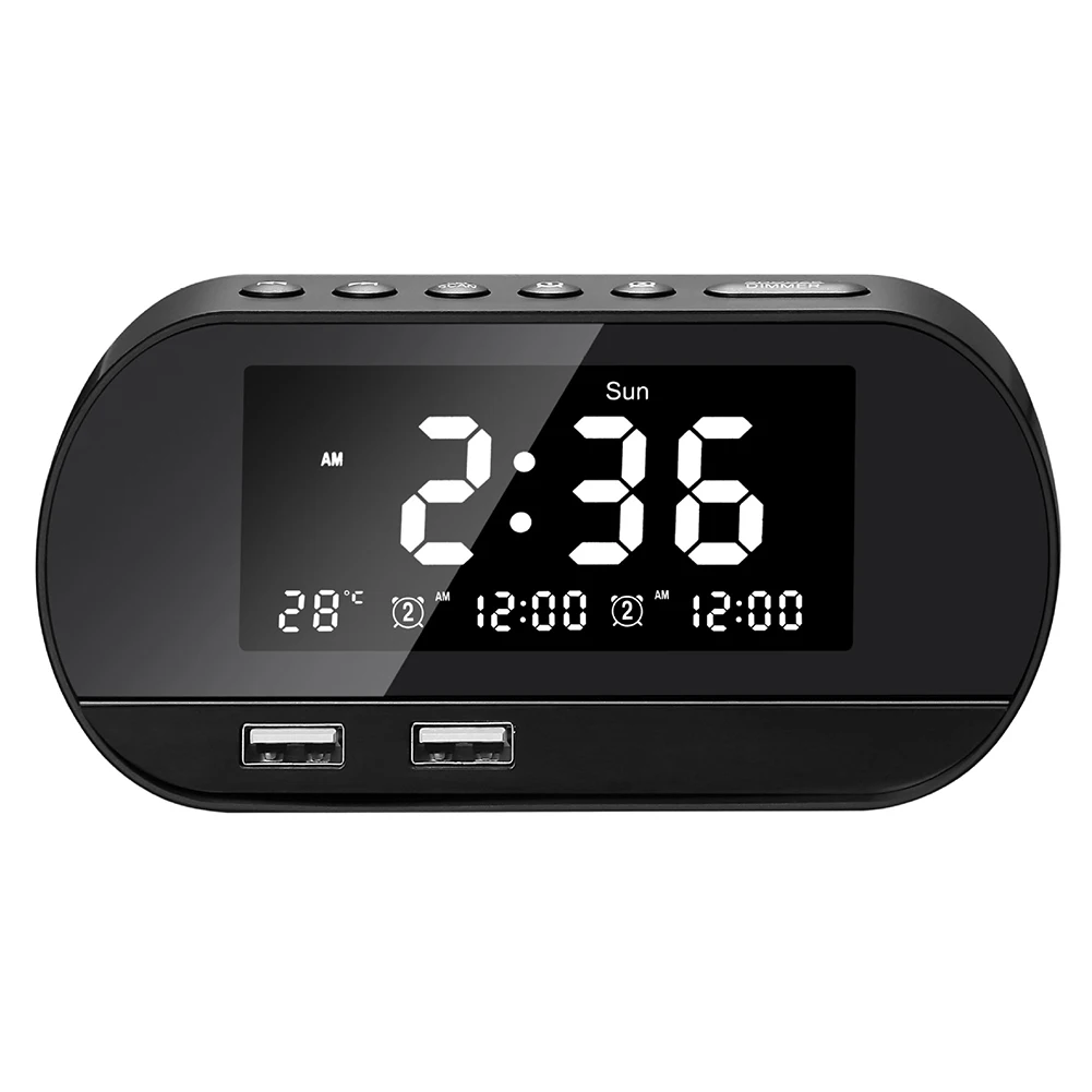 

Dual USB Phone Charger Home FM Raido Alarm Clock Multifunctional Office Adjustable Brightness LCD Display Perpetual Calendar