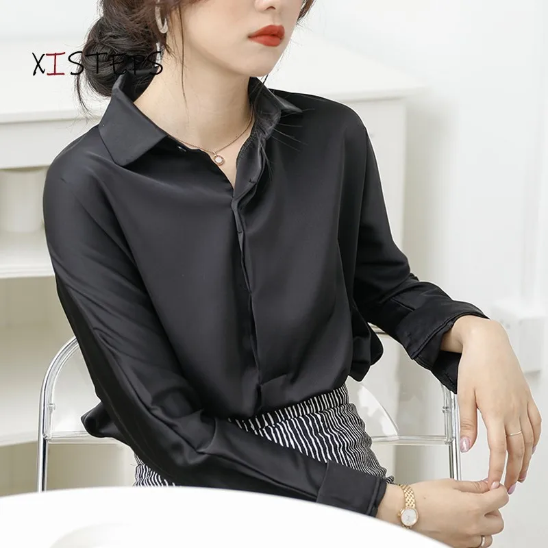 Satin Blouses Shirts For Women 2021 Spring Autumn Female Office Suit Blouses White Black Loose Tops Button Ladies Clothings