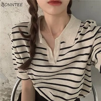 t shirts women tees striped vintage office lady y2k top v neck summer harajuku bf classic cropped soft streetwear fashion design