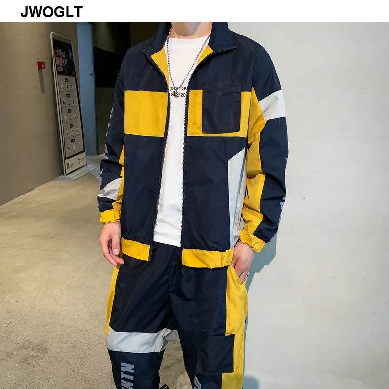 

Streetwear Fashion Tracksuits Men Polyester Zipper Jacket and Pants Casual Stitching Color Blocks Men's Track Suit Sportswear