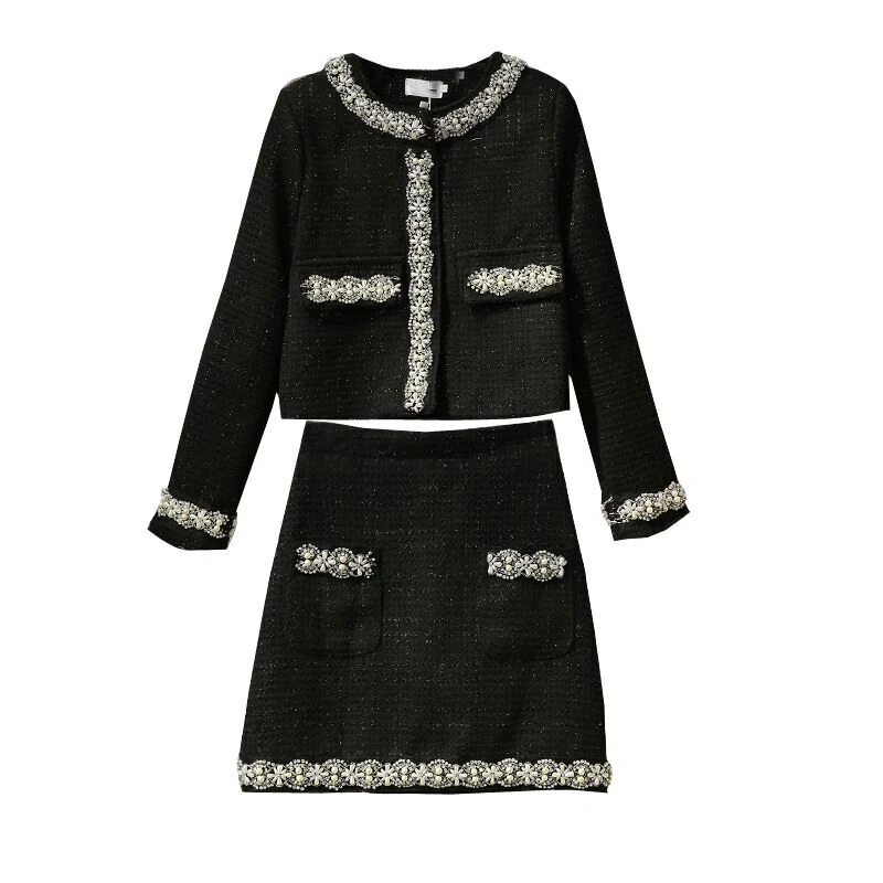

New Autumn Winter High-Quality Luxury Beading Tweed Two Pieces Set Women's Fashion Vintage Short Jacket Coat And Mini Skirt Suit