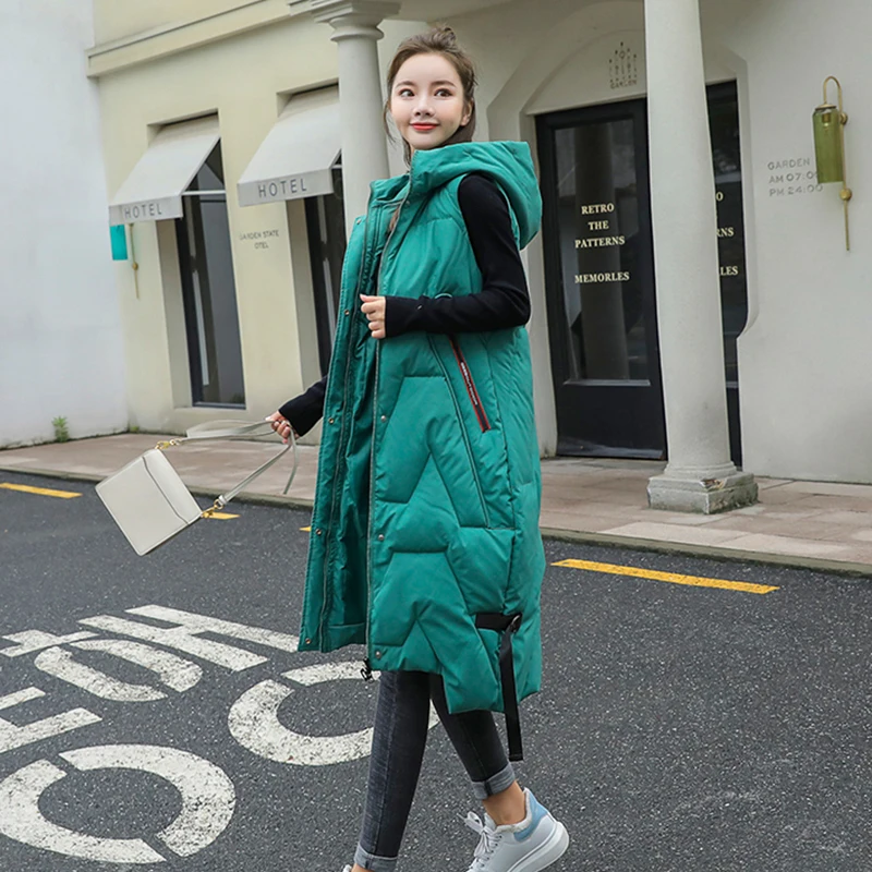 

Winter Long Vest Women's Solid Hooded Pockets Zipper Padded Ladies Casual Sleeveless Jacket Warm Quilted vest for Female green