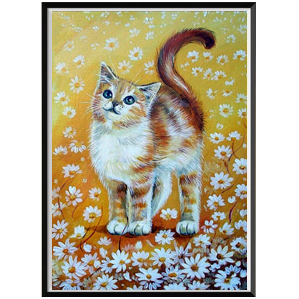 

Круглая алмазная живопись, белый цветок, маленькая оранжевая кошка 5D, алмазная вышивка, мозаика, декоративная живопись, «сделай сам», рождес...