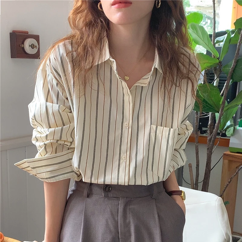 

BETHQUENOY Chemise Femme Striped Blouses Camisas De Mujer Vintage Shirts Women 2021 Autumn Lady Tops Bluzka Damska Dames Kleding