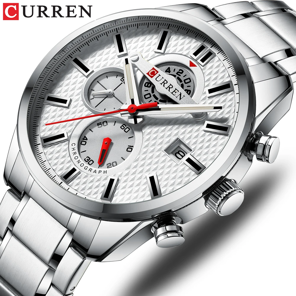 

CURREN Fashion Causal Sports Watches Mens Luxury Quartz Watch Stainless Steel Chronograph and Date Luminous hands Wristwatch