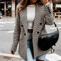 plaid print blazer 2021 womens spring and autumn retro double breasted tweed blazer for office ladies chic slim fit blazer