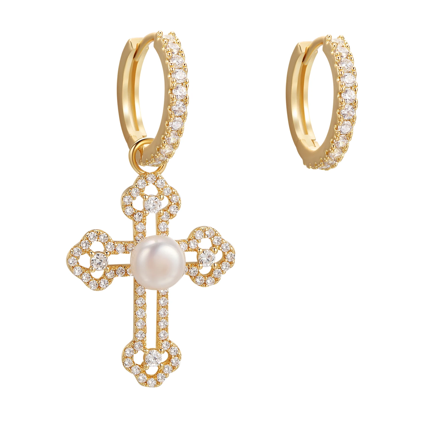 

Hanging Cross Earrings for Women Asymmetrical Cubic Zirconia Freshwater Pearl Dangle Drop Earrings Fashion Statement Jewelry