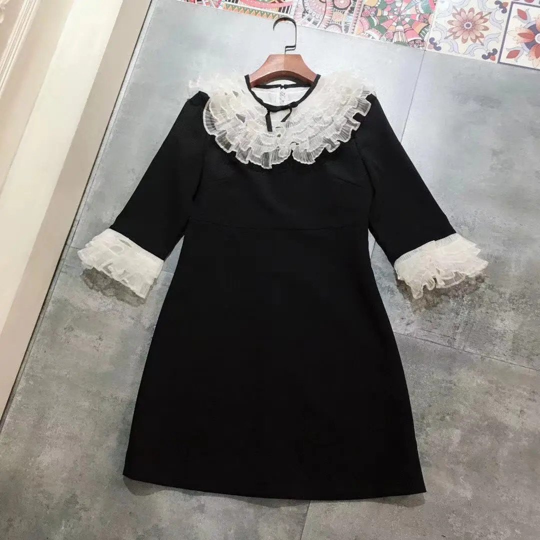 

Fyion Fashion Designer Dress Autumn Women's Dress O-Neck 3/4 Sleeves Patchwork Elegant Black Mini Dresses