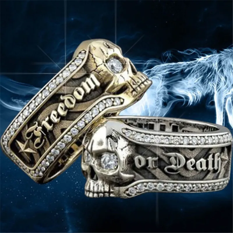 

Vintage Steampunk Skull Ring Lettering Freedom Or Death Rings For Mens Punk Gothic Jewelry Hip Hop Party Accessories Gifts