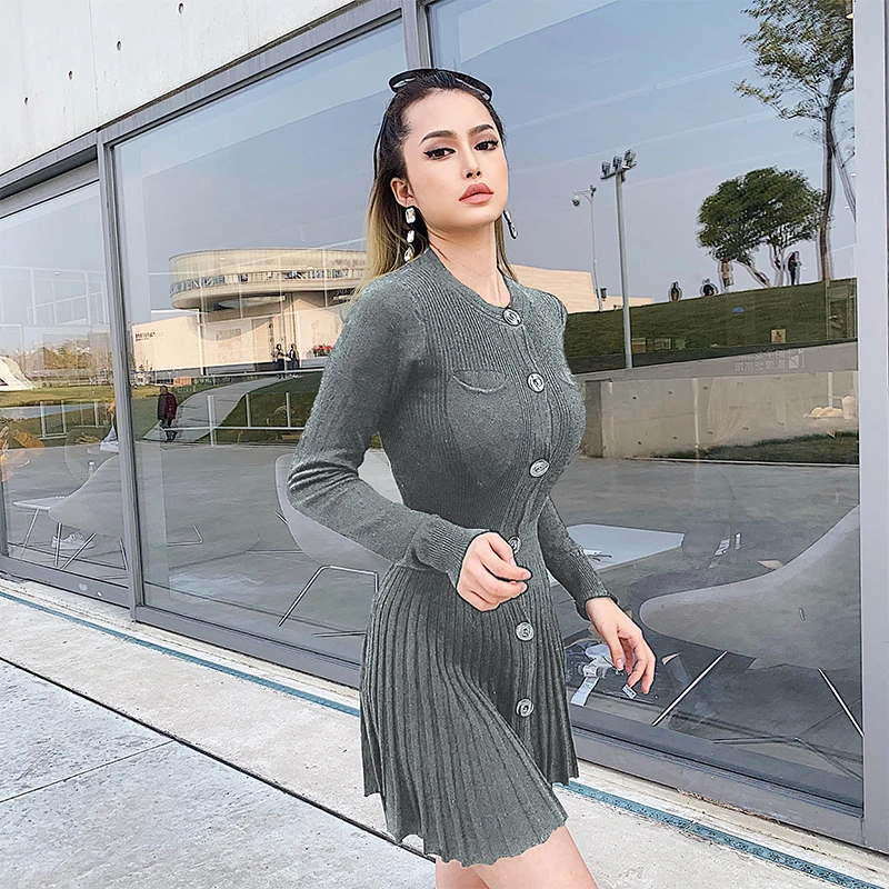 

Мини-платья женские повседневные однотонные вязаные плиссированные черные осенне-зимние короткие женские вечерние платья на пуговицах с д...