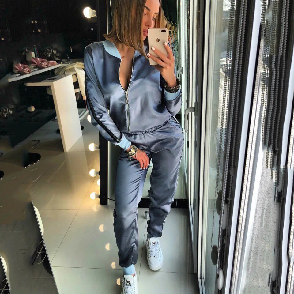 Модный женский спортивный костюм из 2 предметов шелковая куртка и длинные штаны