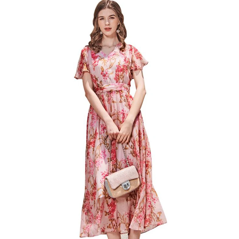 

100% Silk Women's Runway Dresses Sexy V Neck Short Flare Sleeves Printed Ruched Fashion Mid Calf Casual Dresses