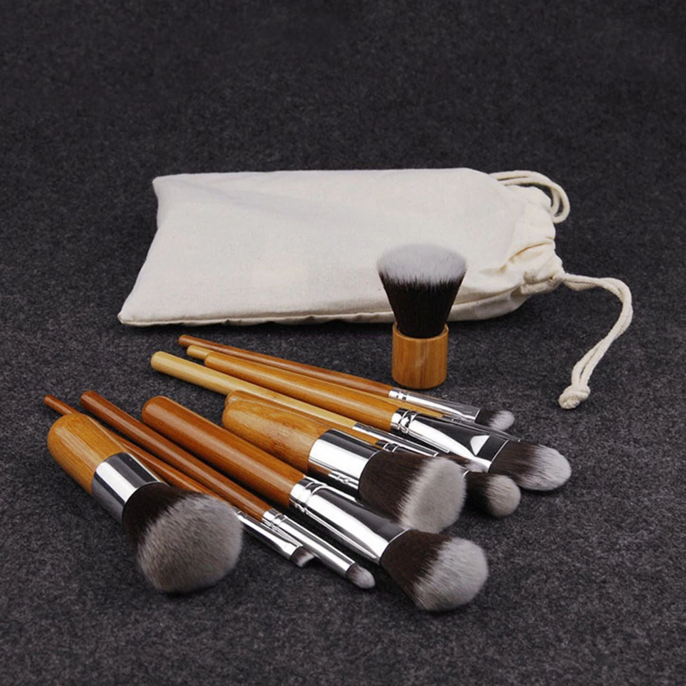 

BANFI 11 Pcs Bamboo Handle Makeup Brush Set With Burlap Bag Professional Cosmetics Foundation Blush Eyeshadow Make Up Tools