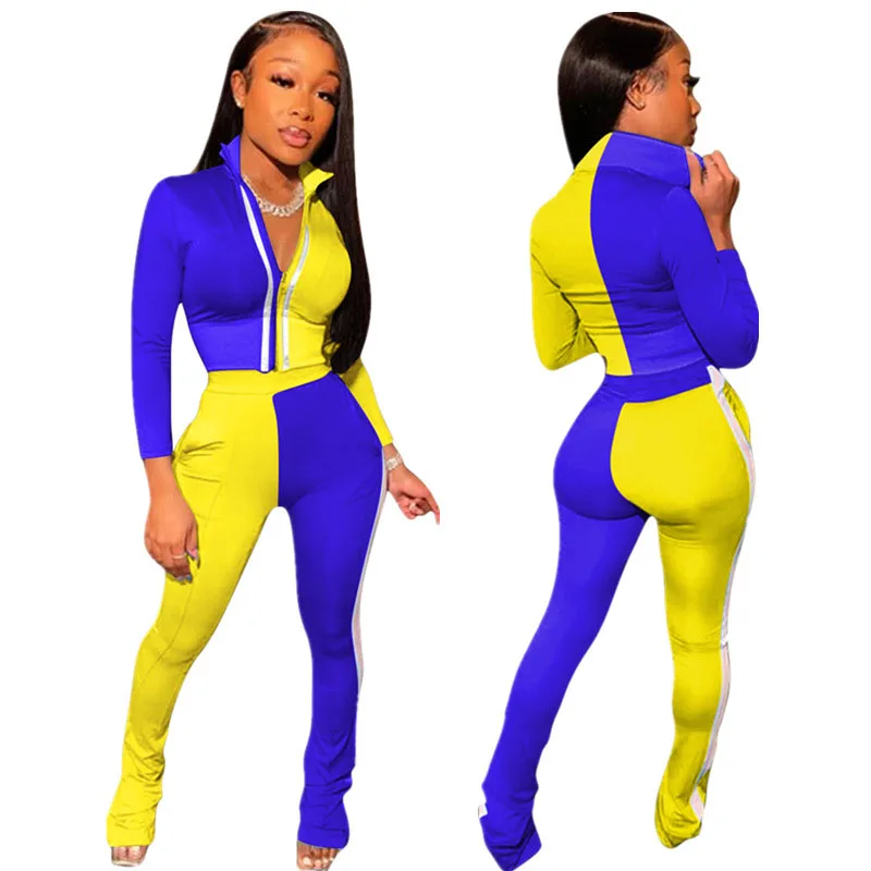 

2020 New Autumn Women Suit Hot Style Model Zip Patchwork Long Sleeves & Trousers European and American 2 Piece Set