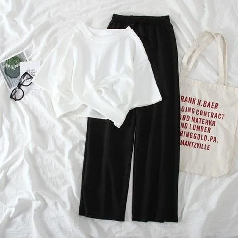 

Sets Women O-neck Solid Cropped Tops and Elastic Waist Wide Leg Pants Simple Office Lady Casual Korean Daily Womens Outfits Y952
