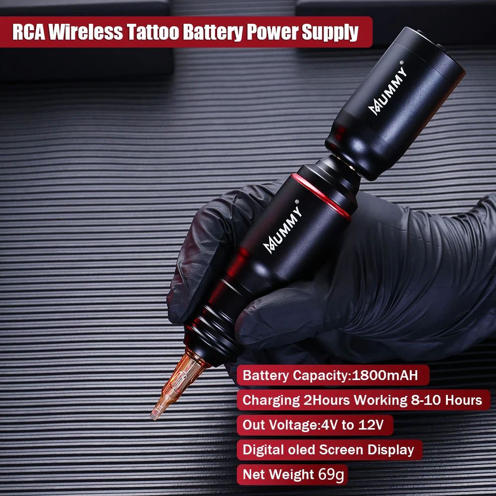 Mummy – stylo de tatouage rotatif sans fil, alimentation avec connecteur RCA, machine à tatouer, batterie haute capacité, 1800mah