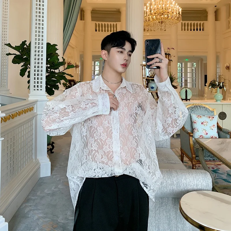 Мужская свободная повседневная рубашка из прозрачной органзы с вышивкой и