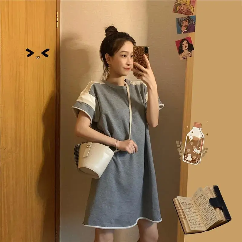

Small casual belly slimming aging dress 2021 new summer contrast color stitching T-shirt skirt loose women