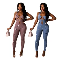 2021 spring and summer new fashion digital printing water drop sexy tight lace up womens sports leisure hollow out jumpsuit y2k