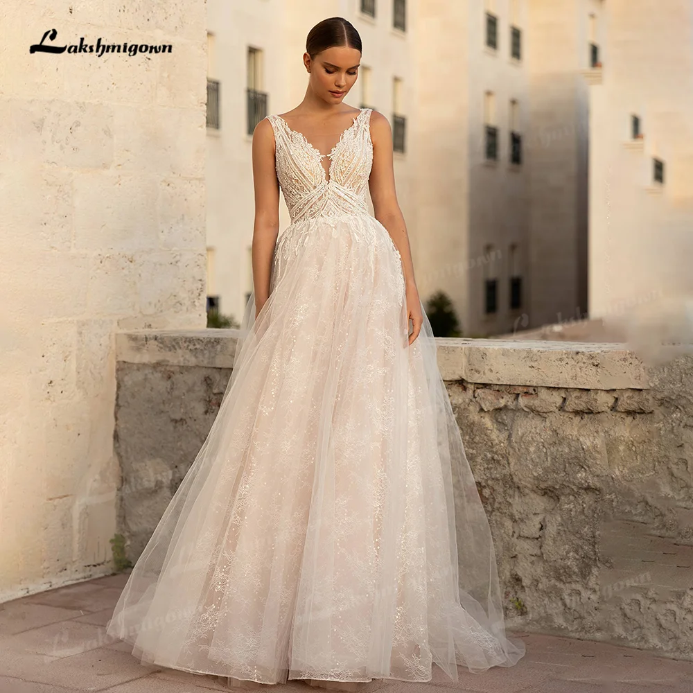 

Gorgeous Appliques A-Line Wedding Dresses V-neck Luxury Beaded Backless Boho Bridal Gown vestido de noiva Princess Wedding Gown