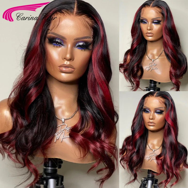 Red Highlight 13x4 Lace Front Human Hair Wigs 180% Wavy Red Color Brazilian Remy Lace Frontal Wigs For Women PrePlucked