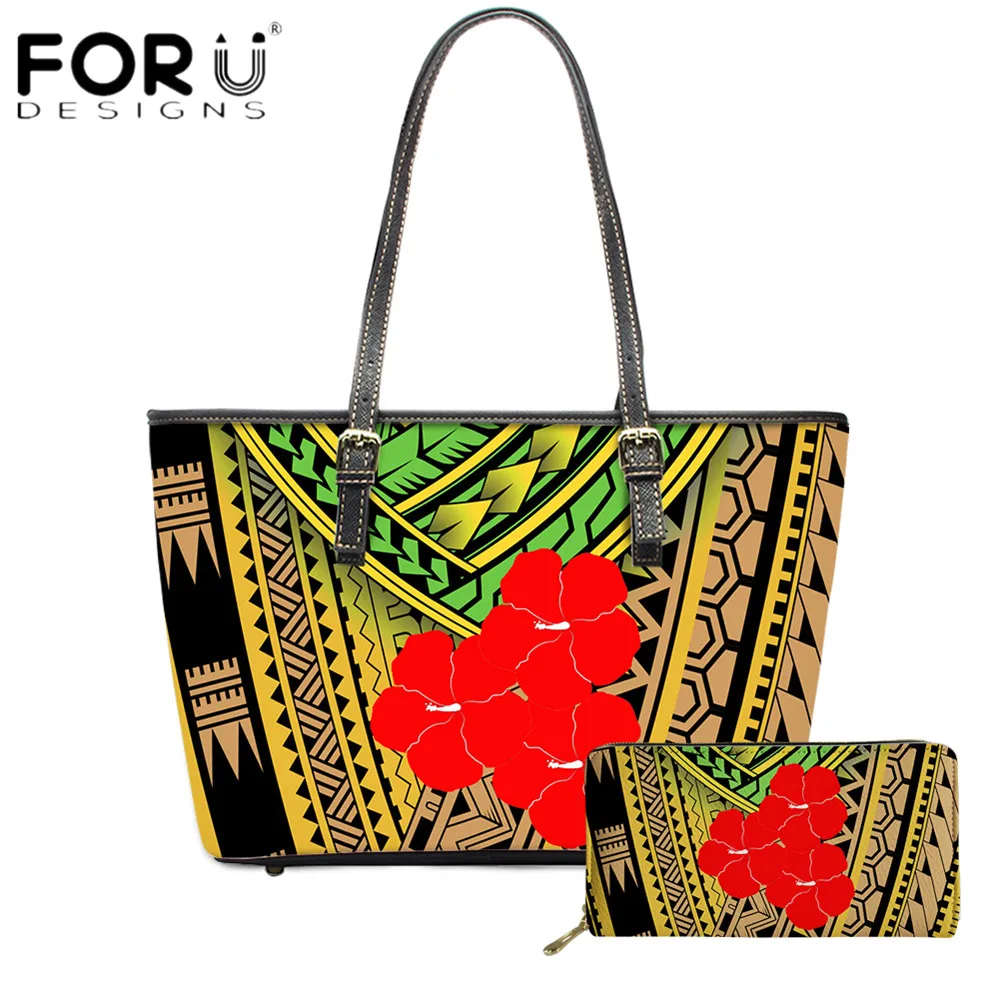 

FORUDESIGNS Hot Selling Women Handbag And Purse Set Hawaii Hibiscus Flower Polynesian Tribe Printing Lady Luxury Totes Bolsa