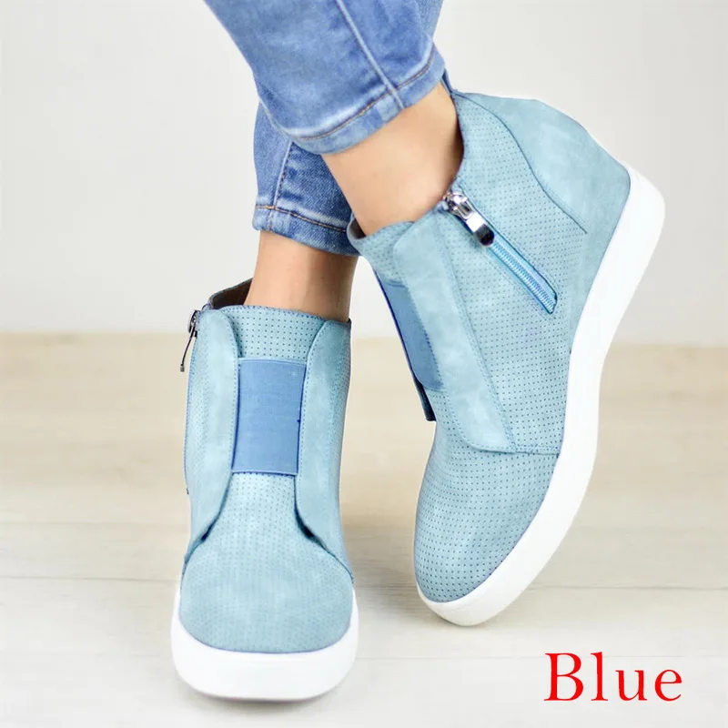 blue Женские кроссовки; дышащая обувь на танкетке; Вулканизированная обувь на платформе; женская повседневная обувь из искусственной кожи; tenis feminino; - Цвет: blue