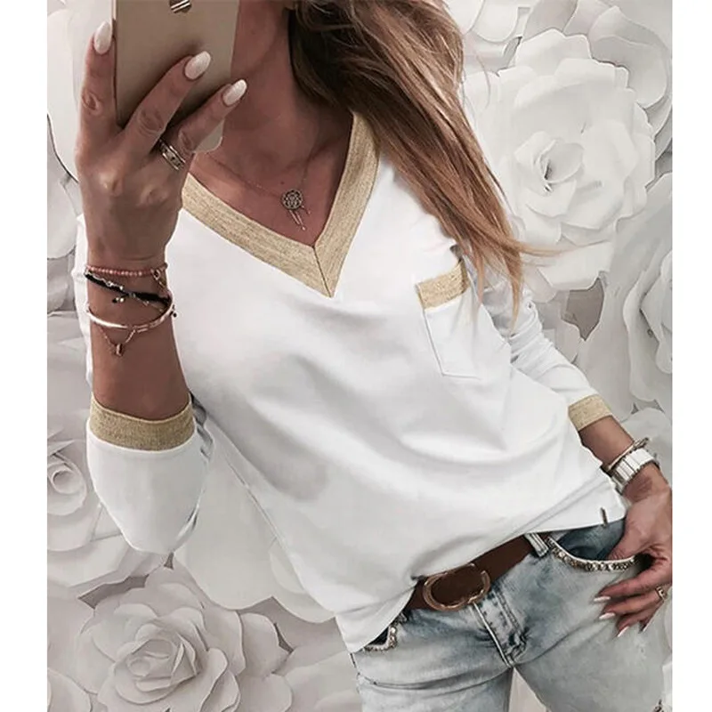 

Pocket Patchwork Fashion Woman T-shirt 2021 V Neck Vintage Long Sleeve T-shirts Casual Pullover Aesthetic Tops Female Clothing