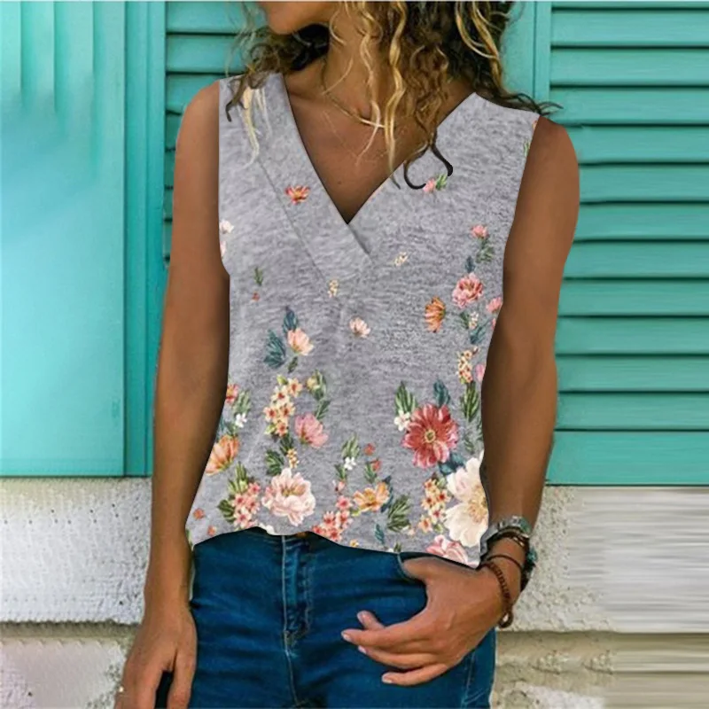 

2021 Womens V Neck Flowers Printing Sleeveless T Shirt Loose Travel Blouse Summer Sexy Lady Streetwear Dropshipping