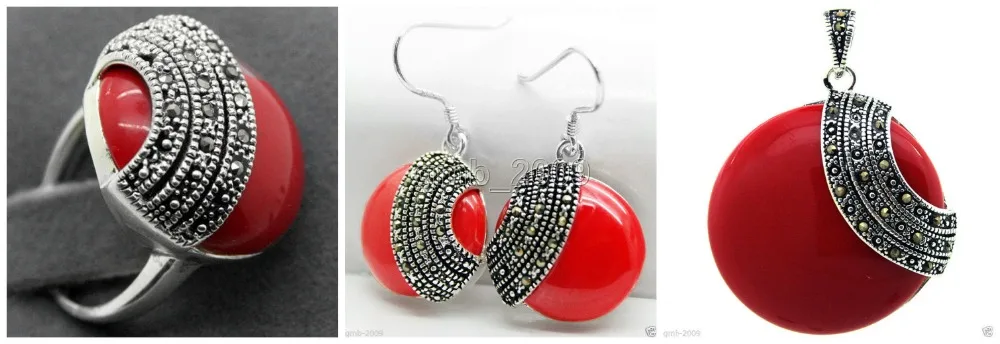 

Fashion designed Red Carved Lacquer Marcasite 925 Sterling Silver Ring(#7-10) Earrings & Pandent jewelry sets
