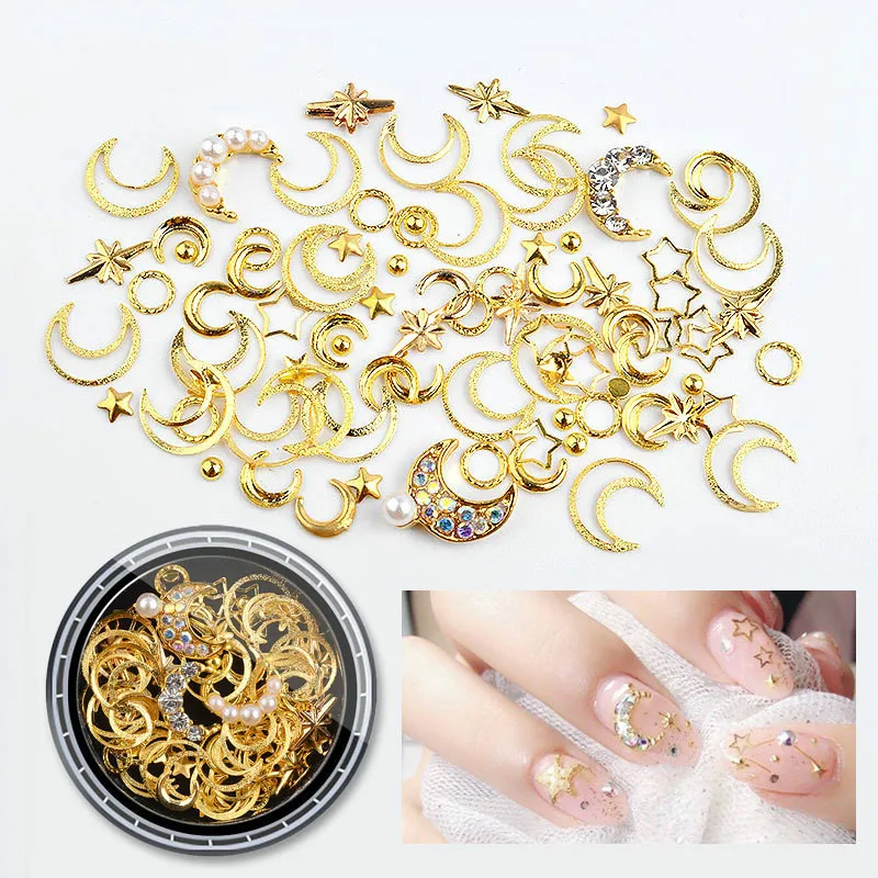 

Star Moon Mixed Metal Copper Round Rivet Sequins Colour Crystal Charms Diamond Nail Art Decoration Accessories Manicure Gold DIY