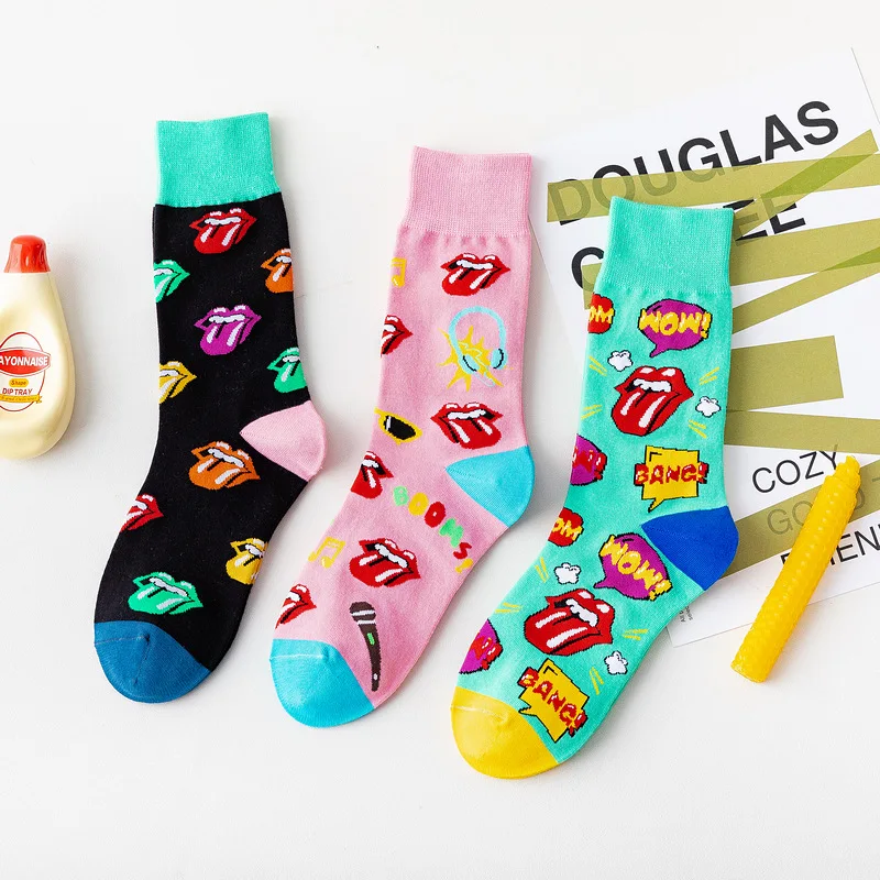 3 Pairs Lot Women Candy Color Cartoon Mouth Novelty Socks Japanese Sweets Winter Fall Girl Cotton Pink Black Trendyol Long Socks