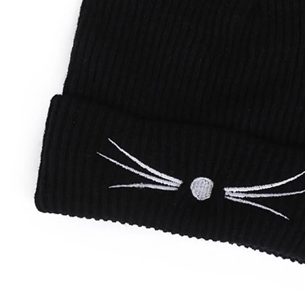 Women Cute Cat Ears Black Knitted Winter Warm Hat Pompom Caps Female Bonnet Polyester Braided Hat For Dropshipping