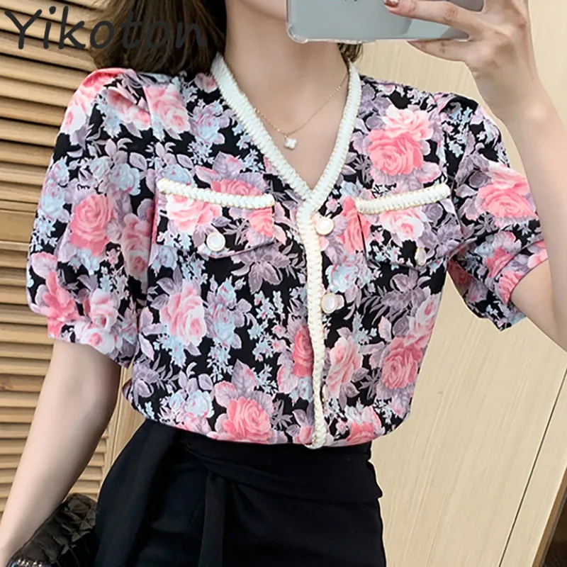 

Woman Blouses And Shirts Rose Flower Printed 2022 Summer Fashion Short Sleeve V Neck Casual Loose Women's Clothing Plus Size