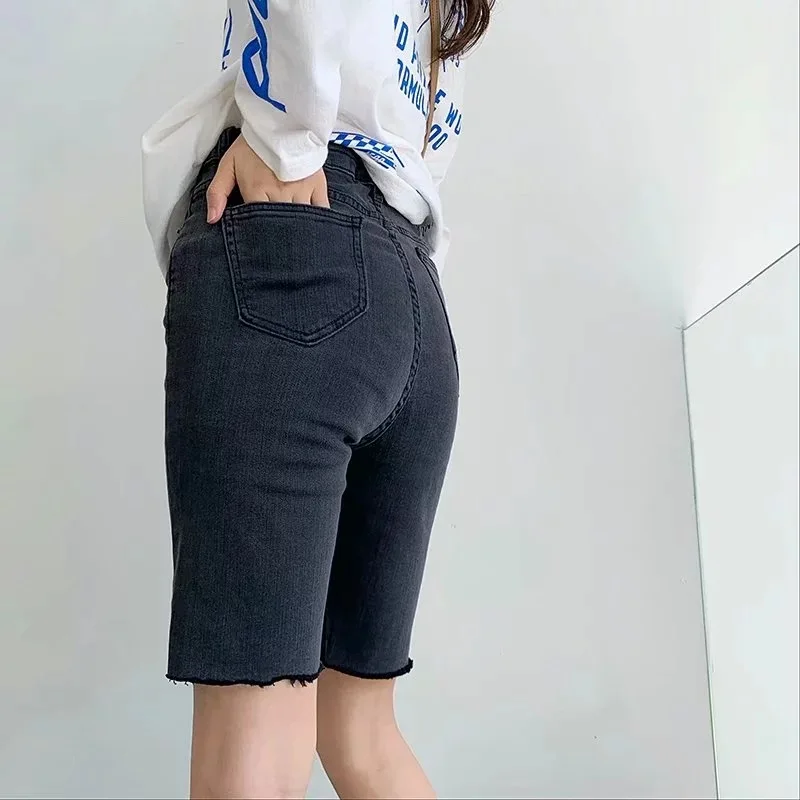 High Waist Slim Denim Shorts Women Tight Knee Length Stretch Short Jeans Pants Summer Streetwear Skinny Cycling Bermuda Pockets