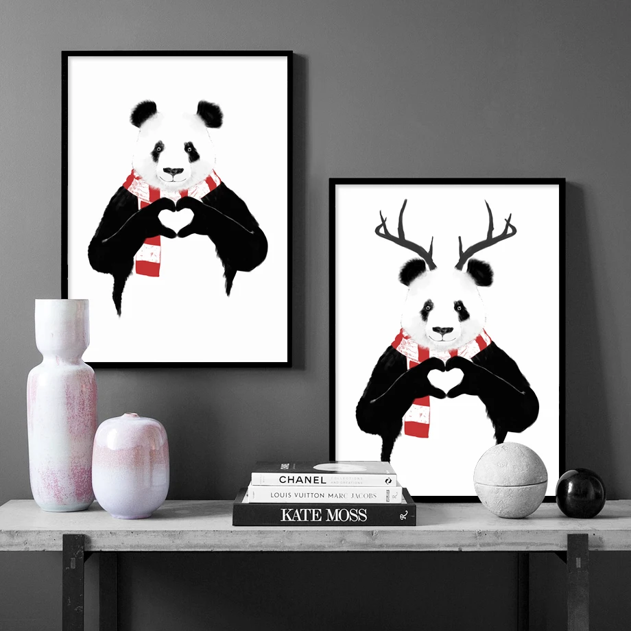 Иллюстрация панда ручной работы в форме сердца рога настенный художественный