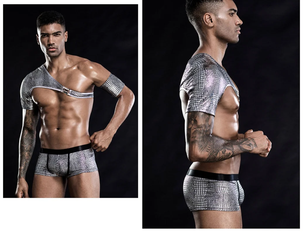 

Erotic Mens Vest Harness 2 Pieces Costumes Lingerie Set Sexy Role Play Outfits Underwear Clubwear Snakeskin Print Sexy Uniform