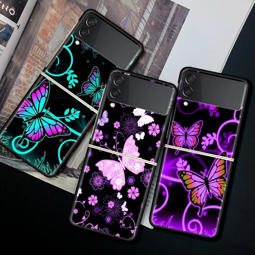 

For Samsung Galaxy Z Flip 3 5G Case Luxury Matte Black Hard Phone Cover ZFlip 3 Shockproof Fundas Shell Purple Glitter Butterfly
