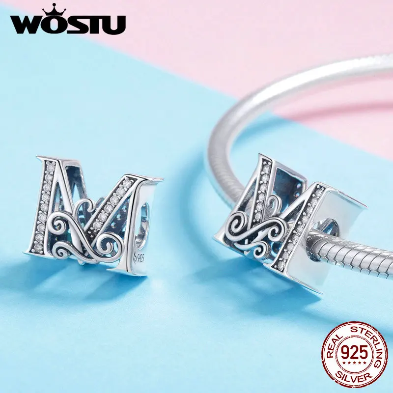 WOSTU, 925 пробы, серебро A-Z, 26 букв, ослепительные бусины, подходят к оригинальному браслету, подвеска, браслет для женщин, ювелирные изделия CTC030