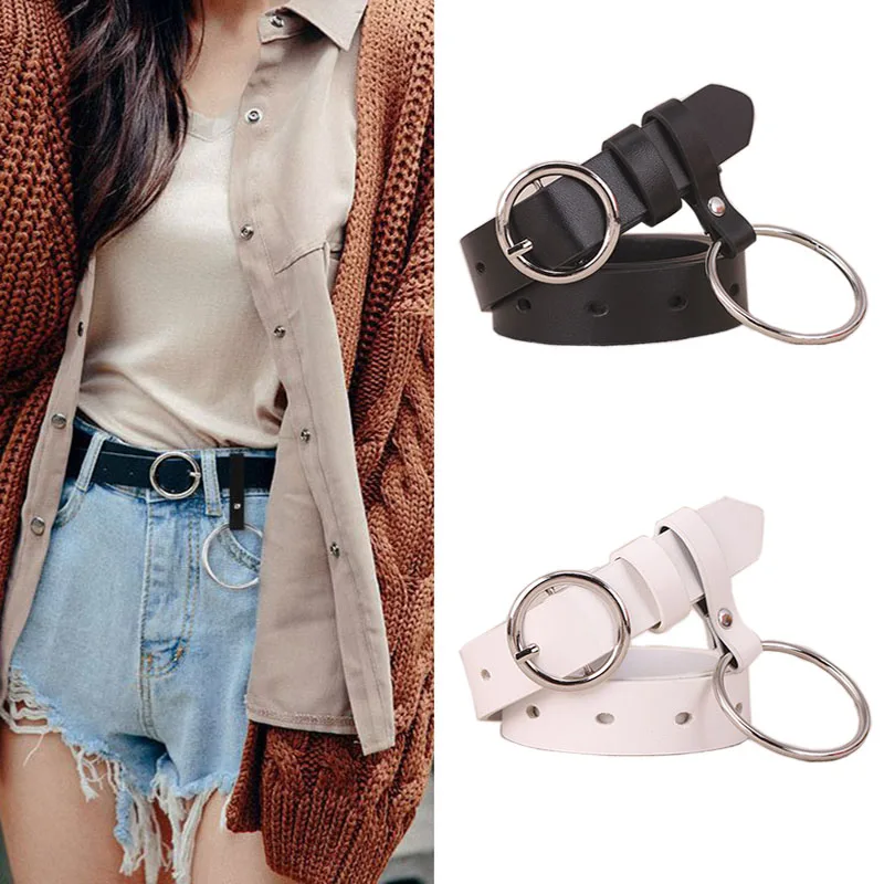 

Ремень кожаный женский в стиле панк, дизайнерский пояс с кольцами и круглой пряжкой, для джинсов