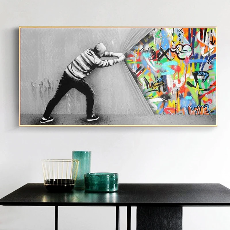 

Graffiti Street Art Banksy Art Behind The Curtain Canvas Paintings Wall Art Posters and Prints Wall Art Pictures for Living Room