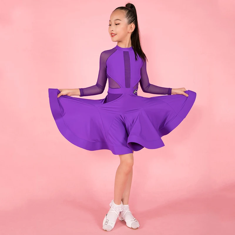 Детское платье для латиноамериканских танцев фиолетовое танцевальный костюм