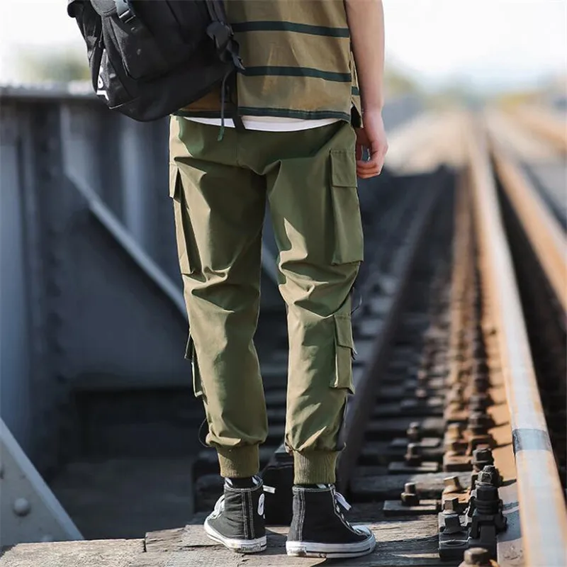 2021 Весна Брюки карго Для мужчин Drawstring хлопка много карманов ночной клуб бар брюки