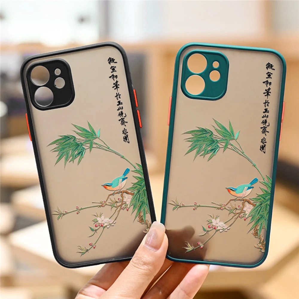 

Chinese Style Iphone 13 12 XS 11 Pro Max Mini Case Bamboo Leave Bird for Iphone 7 8 6 6s Plus SE2020 X XR Camera Protection Case