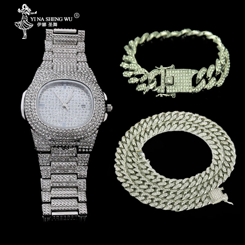 Necklace +Watch+Bracelet Set Hip Hop Miami Curb Cuban Chain Gold Color Full Iced Out Paved Rhinestones CZ Bling Jewelry For Men