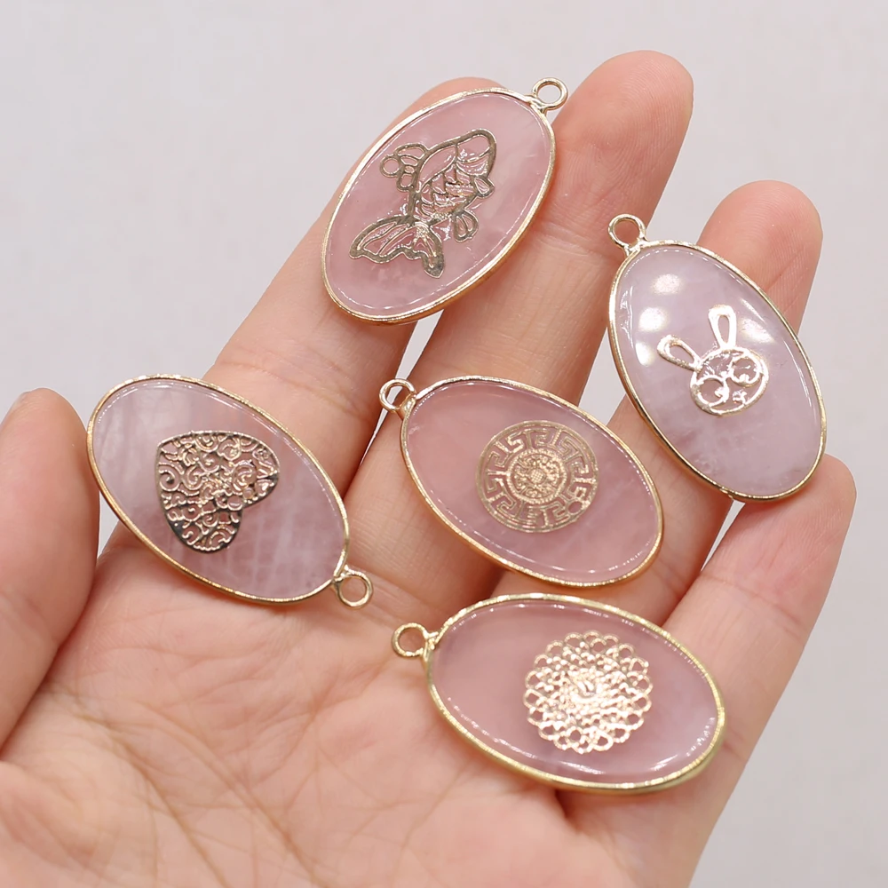 Natural Stone Semi-precious Stone Pendant Egg-shaped Pink Crystal Gilt Edge Exquisite Pendant for Making Necklace Accessories